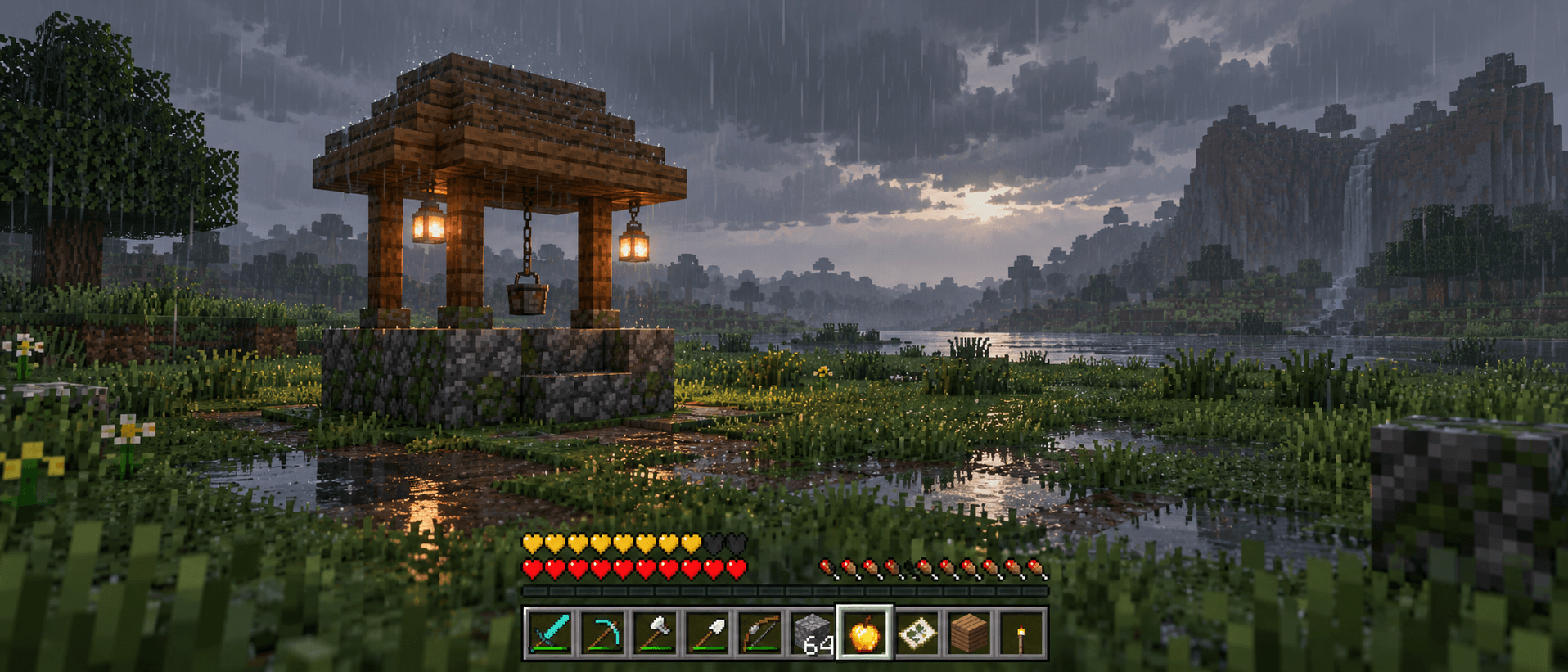 A lantern-lit well in a rainy Minecraft landscape, with a golden apple selected in the hotbar.